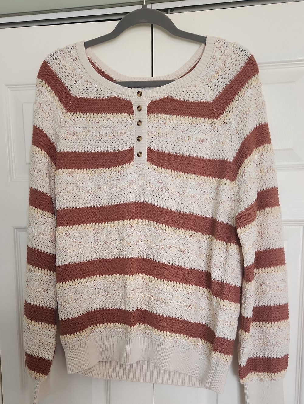 C&C California Cream and Rust Striped Henley Sweater